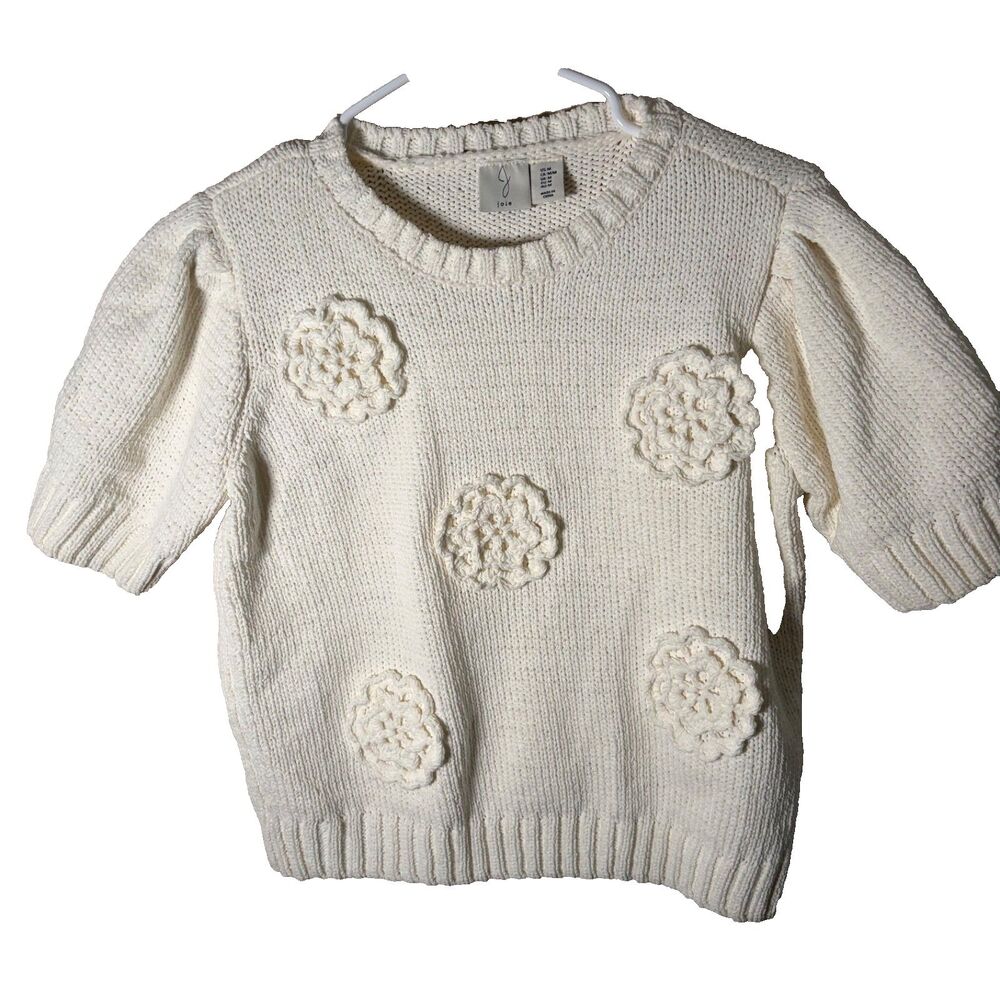 Joie Sweater Women's Medium Ivory Knit Floral Short Sleeve Crew Neck Chunky